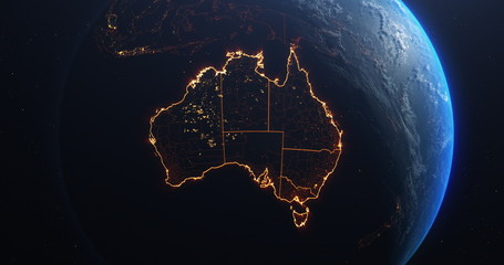 Australia map outline view from space, globe planet earth, red glow color, elements of this image courtesy of NASA