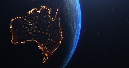 Australia map outline view from space, globe planet earth, red glow color, elements of this image courtesy of NASA