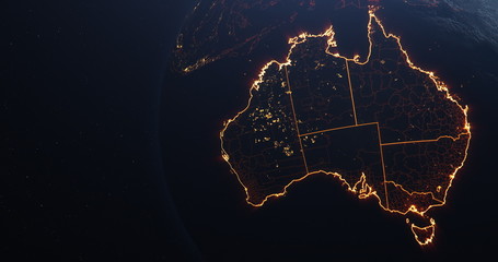 Australia map outline view from space, globe planet earth, red glow color, elements of this image courtesy of NASA © Sono Creative