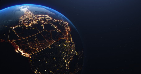 Canada map outline view from space, globe planet earth, red glow color, elements of this image courtesy of NASA