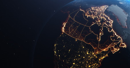 Canada map outline view from space, globe planet earth, red glow color, elements of this image courtesy of NASA