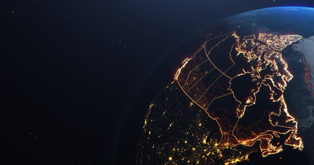Canada map outline view from space, globe planet earth, red glow color, elements of this image courtesy of NASA