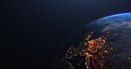 Germany map outline view from space, globe planet earth, red glow color, elements of this image courtesy of NASA