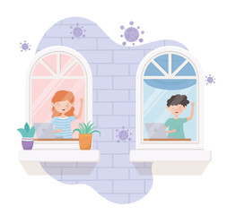 stay at home quarantine, people with laptop working in room window