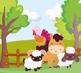 Obraz na płótnie Canvas farm animals horse turkey goat sheep wooden fence trees