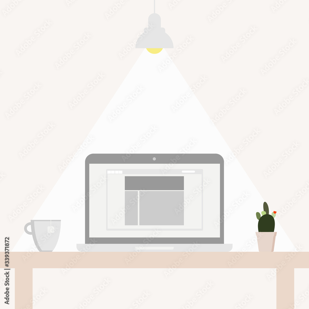 Poster office desk or table with computer. business workspace or interior. workplace in flat style. vector 