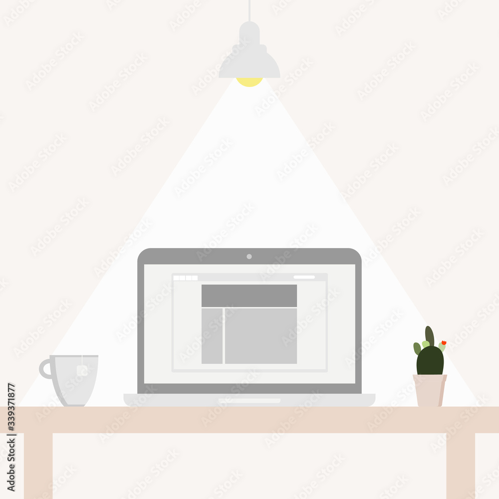 Poster office desk or table with computer. business workspace or interior. workplace in flat style. vector 