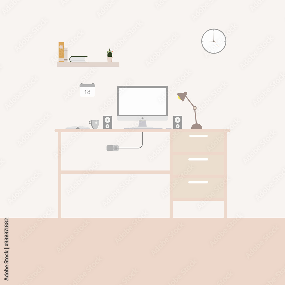 Poster office desk or table with computer. business workspace or interior. workplace in flat style. vector 