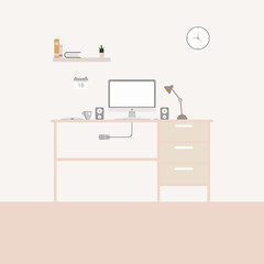 Office desk or table with computer. Business workspace or interior. Workplace in flat style. Vector illustration.
