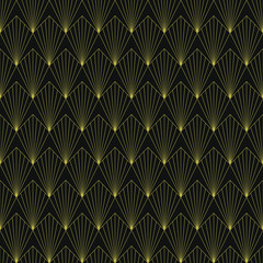 Seamless black and gold vintage art deco ornate sharp feathers outline pattern vector