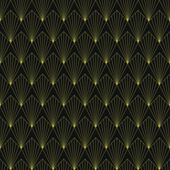 Seamless black and gold vintage art deco ornate sharp feathers outline pattern vector