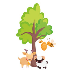 farm animals goat ram and bees in the hive tree cartoon