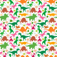 Childish pattern with silhouettes a cute dinosaurs