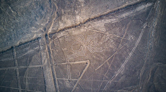Aerial top down view on "the Spider" one of the Nazca lines. Mysterious lines and geoglyphs at the Nazca desert. 