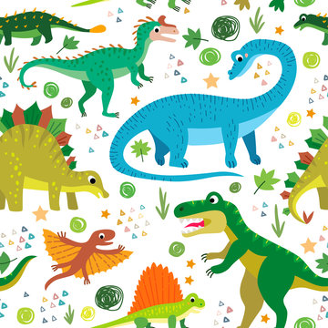 A Childish dinosaurs and tropical leaves pattern