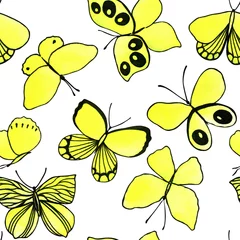 Foto op Plexiglas anti-reflex Watercolor seamless pattern with yellow butterflies isolated on white background. Stock illustration. Fabric wallpaper print texture. © Maya