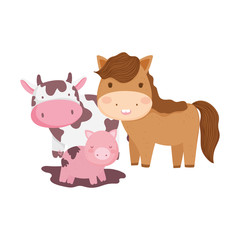 Obraz na płótnie Canvas farm animals horse cow and pig in mud cartoon