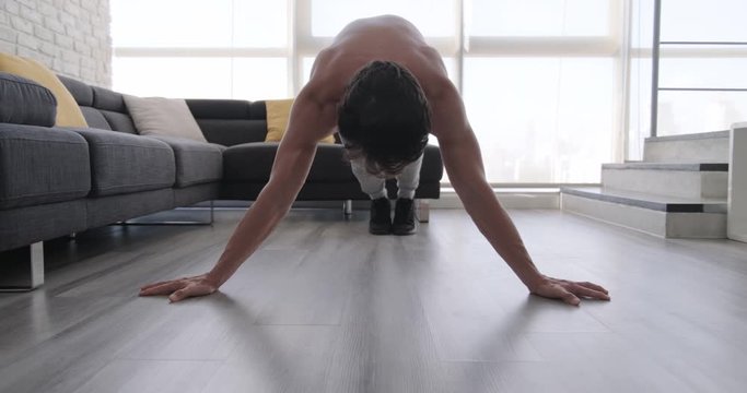 Shirtless Man Work Out at Home Push Ups Exercise
