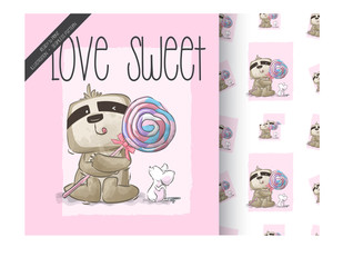 Cartoon cute sloth with sweet candy seamless pattern © Sadewotito