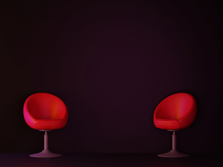 Dark room with red sofa. 3D rendering.