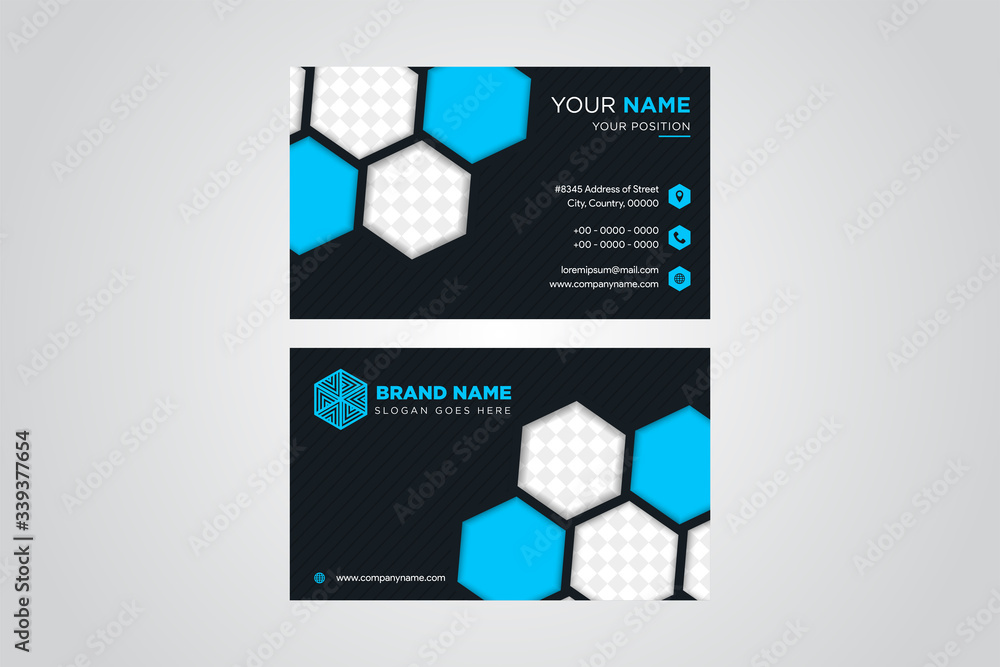 Aufkleber blue colors abstract hexagon elements low poly style business card design template. dark background.