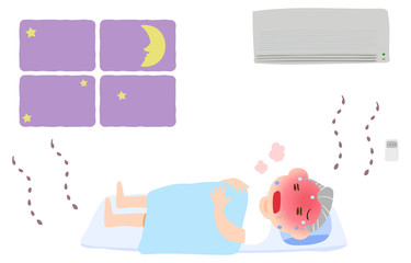 エアコンをつけずに寝て熱中症になる老人のイラスト
