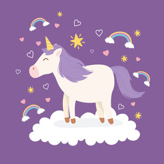 unicorn purple hair on cloud rainbows decoration magical fantasy cartoon cute animal