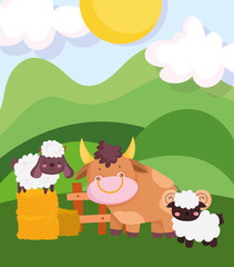 Obraz na płótnie Canvas farm animals bull goat sheep in hay wooden fence grass cartoon