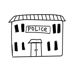 Police department building linear icon. Thin line illustration. Contour symbol. Vector isolated outline drawing. Editable stroke. In doodle style.