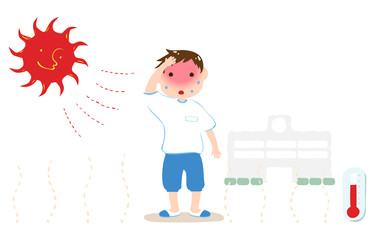 学校のグラウンドで暑くて参っている男の子のイラスト