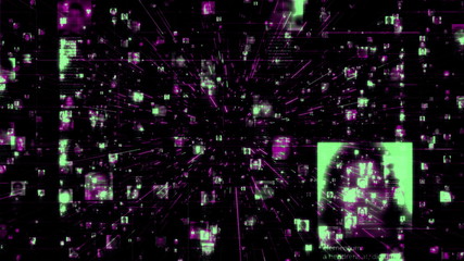 a social network with a stream of green neon colored unrecognizable people portraits moving along bright purple network connections in black cyberspace background, 3d rendering 4K footage