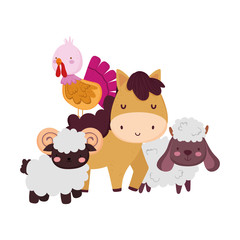 farm animals horse turkey goat sheep cartoon isolated icon on white background