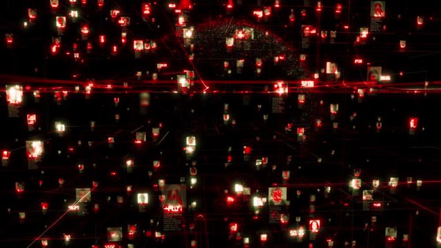 Abstract social network people connection. Big data concept with the flow of people photos linked in the internet space with earth model on background, 3d rendering transforming 4K video in red colour