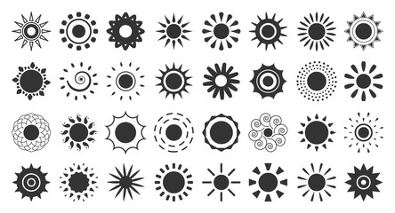 Set of sun with ray black icon. Simple glyph silhouette sign warm summer morning. Pictogram, graphic symbol weather. Logo design template for meteorology web app. Isolated on white vector illustration