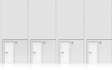 3d rendering. Modern clean minimal white door rows background.
