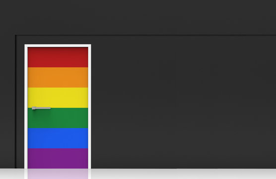 3d rendering. LGBT rainbow color door on black cement wall background.