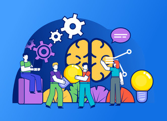 Artificial intelligence, brainstorming concept. Group of people stand near big brain, idea light bulb. Poster for social media, web page, banner, presentation. Flat design vector illustration