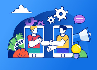 Make deal online, by phone. Handshake, successful business agreement concept. Poster for social media, web page, banner, presentation. Flat design vector illustration