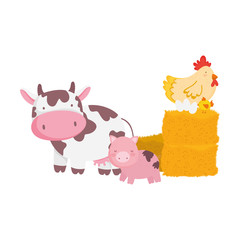 farm animals pig cow hen and eggs on hay cartoon
