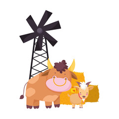 farm animals cartoon bull ram and chicken windmill