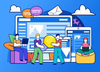 Website development team, agency. Group of people stand near big screen, phone, tablet. Poster for social media, web page, banner, presentation. Flat design vector illustration