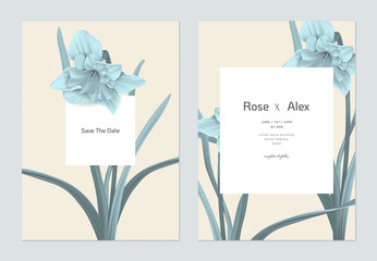 Floral wedding invitation card template design, blue daffodil flowers with leaves on bright brown