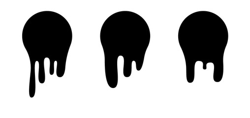 Melt drip stickers or circle labels. Vector liquid drops icons for graffiti blob stickers. Black liquid or melted chocolate drips, current paint.