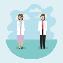 Woman and man doctors with masks and uniforms against 2019 ncov virus vector design