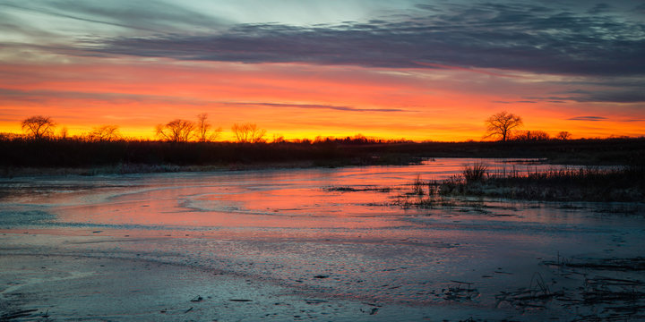 The intense colors of a winter sunset are reflected in the frozen surface of a wetland conservation habitat area.