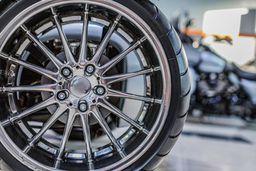 Car wheel.. Close up of rims from a sports car.