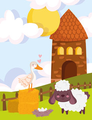 farm animals house goose goat nest grass fence cartoon