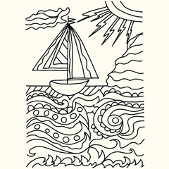 boat and abstract waves in summer drawn on a white background, coloring vector