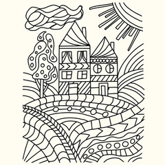 houses in the mountains with trees in summer drawn on a white background, vector for coloring
