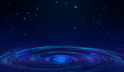 Dotted lines, particle flow, cosmic starry sky vortex, internet technology poster background.